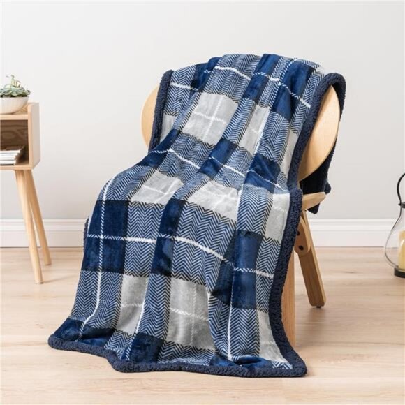 Blue Navy Plaid Sherpa Throw Blanket for Couch Twin, Plush Flannel - Picture 6 of 8